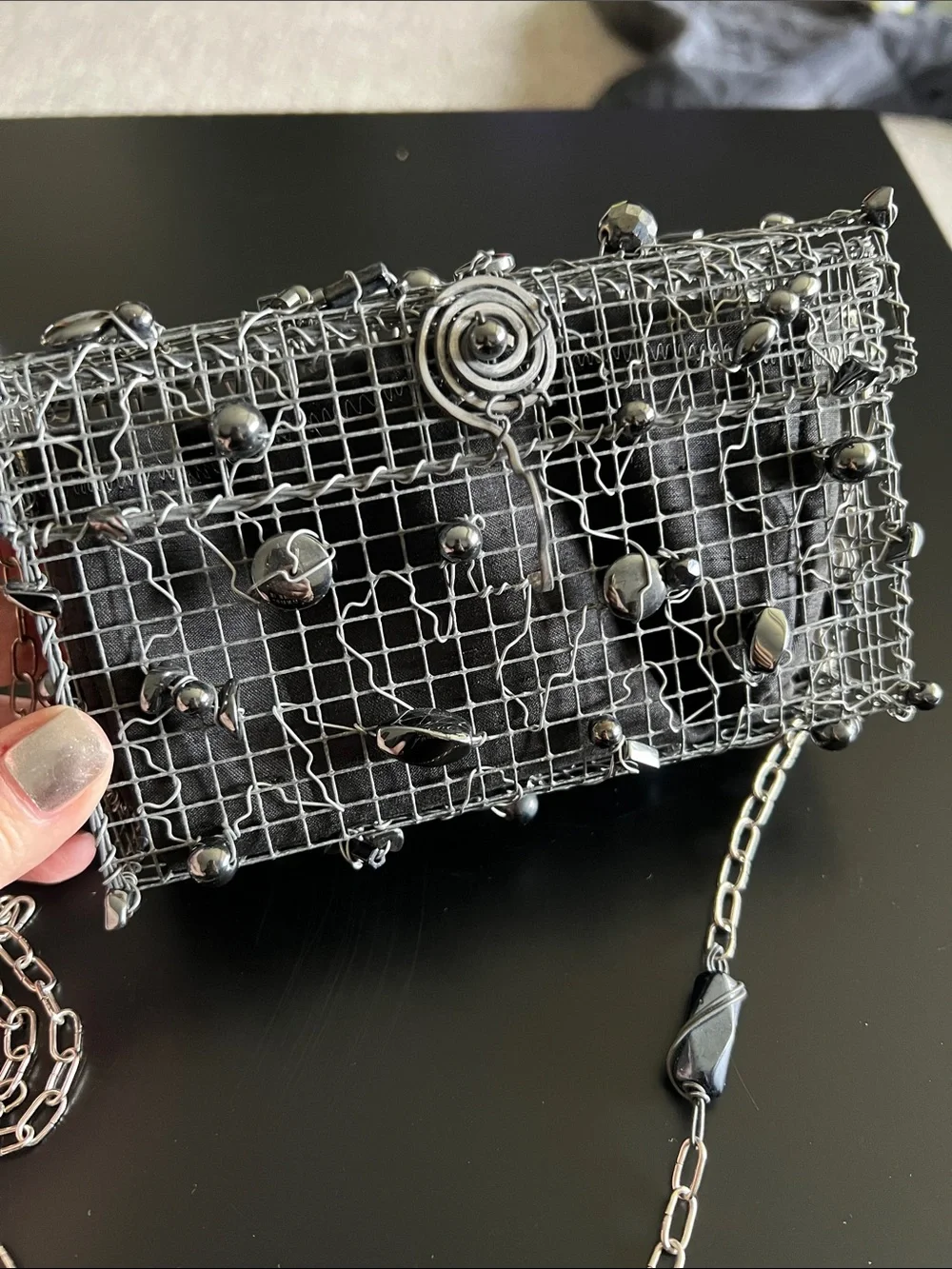 Unsigned Anndra Neen‑Style Alpaca Silver Cage Bag w/ Hematite Beads & Chain Stra
